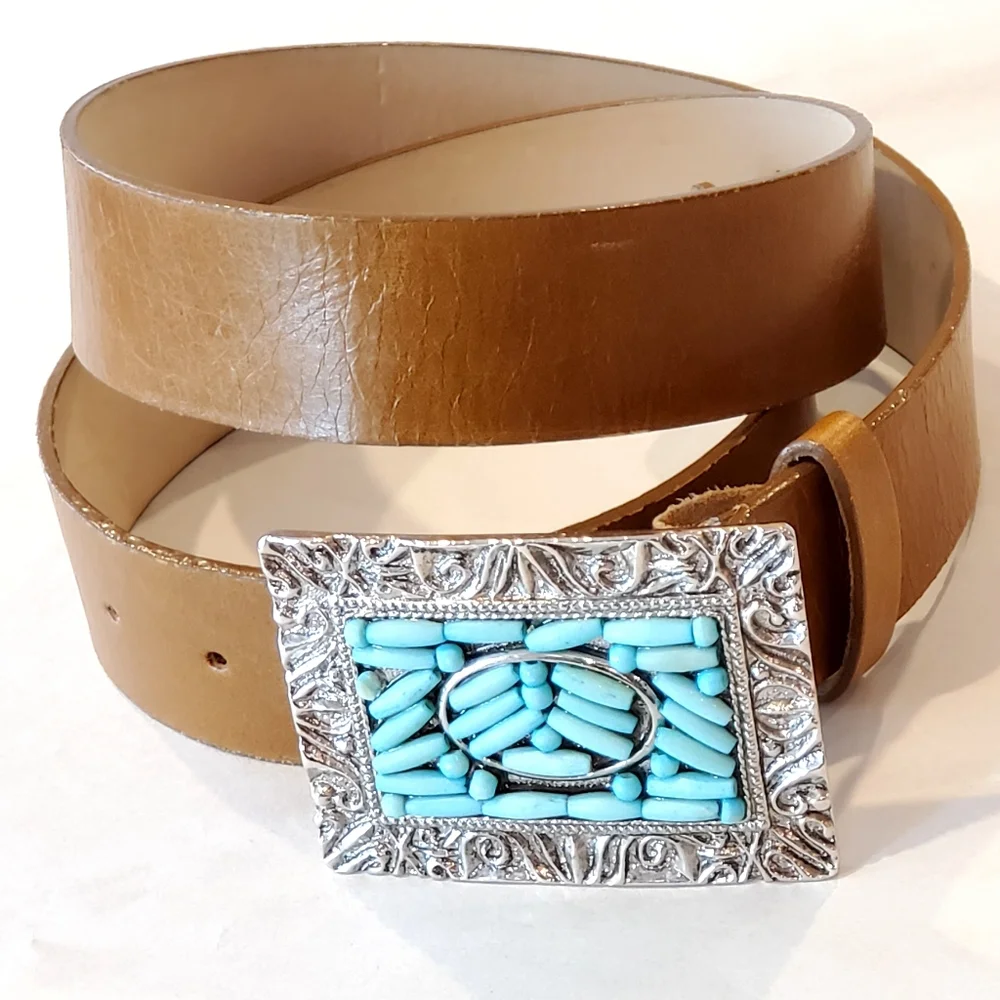 Streets Ahead Western Turquise Bead Ornate Silver Buckle Brown Leather Belt Lg